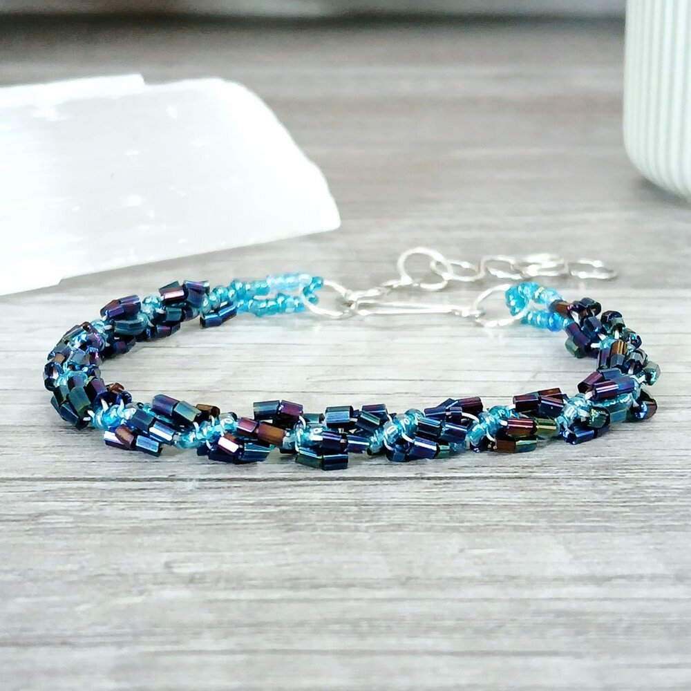 Metallic blue spiral rope beaded bracelet, adjustable bracelet 7 - 9"